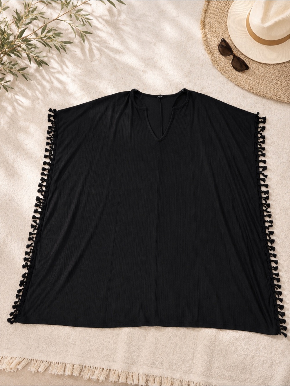 Black Tassel Trim Beach Cover Up Kaftan Swim Cover Up - Picture 5 of 5